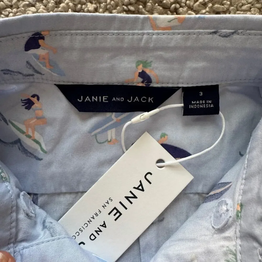 NWT Janie and Jack Toddler Boy SS Poplin Heather Blue Surfer Print Sz 3
